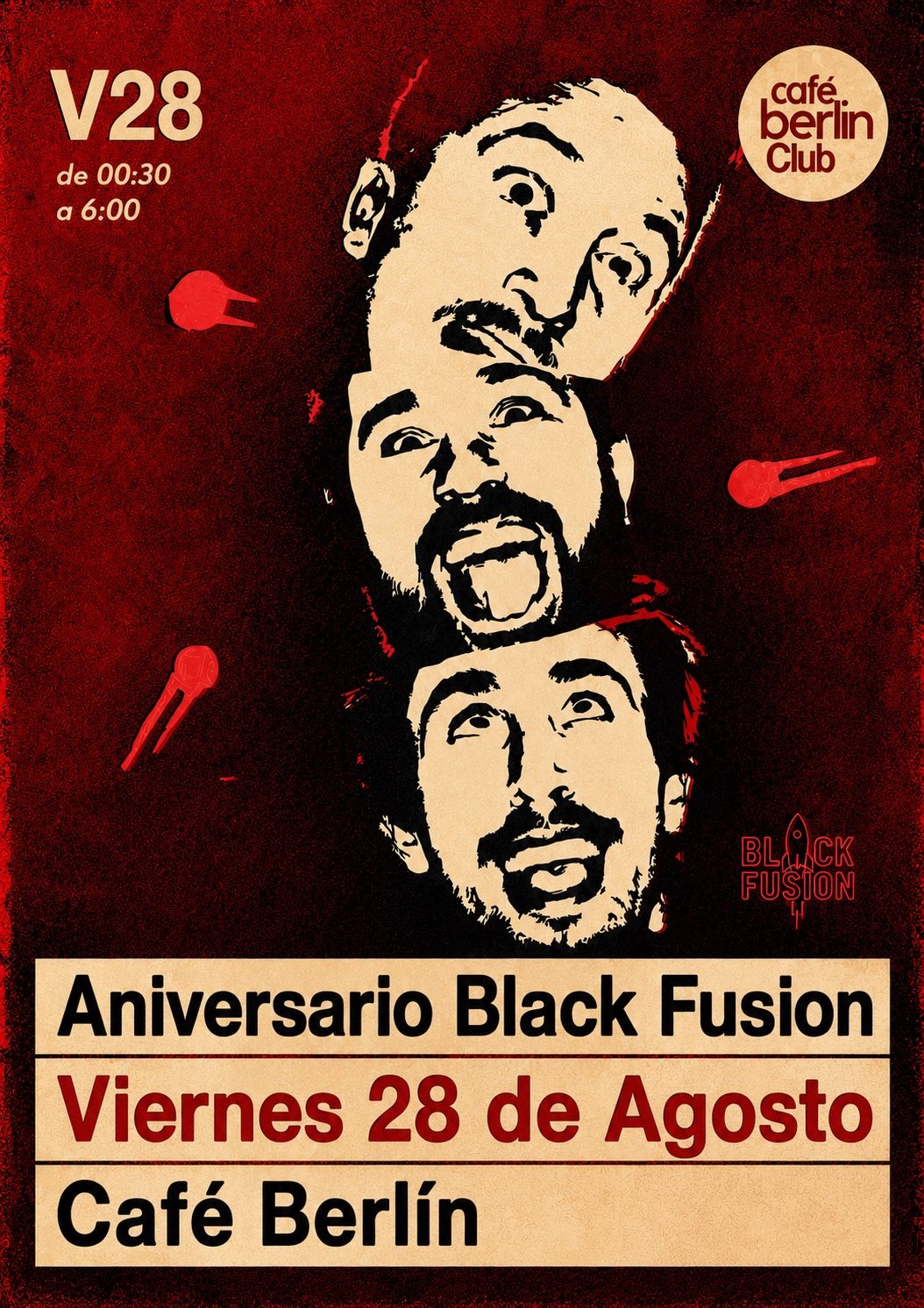 Cartel Aniversario Black Fusion, viernes 28 de agosto en Café Berlín Club